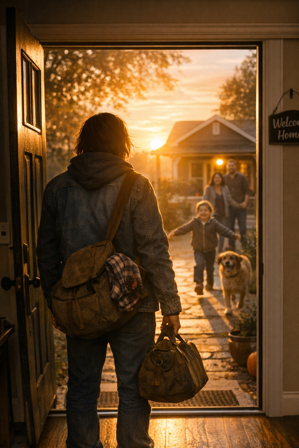 Survivor standing in a doorway at dusk, returning home to safety and belonging, with warm light and family ahead.