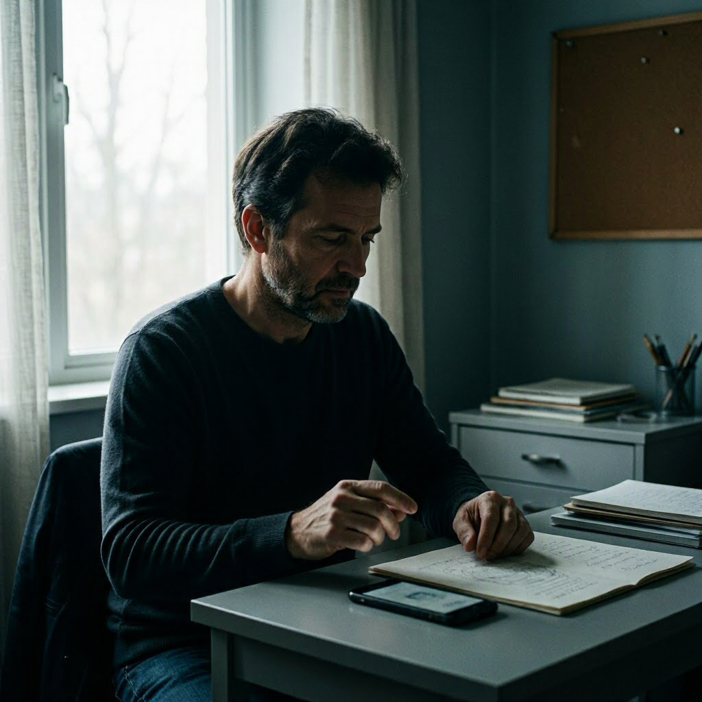 A man sitting at a desk by a window, looking down at a handwritten journal, surrounded by sketchbooks and art supplies