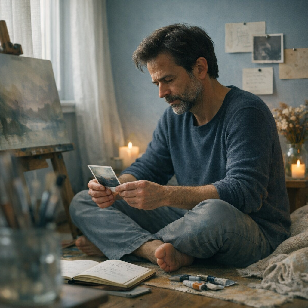 A man sitting cross-legged on the floor of an artist's studio, holding a photograph, surrounded by candles, a journal, paint tubes, and a painting on an easel